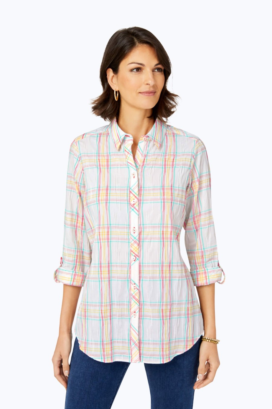 Women Foxcroft Tops | Zoey Crinkle Airy Plaid Shirt