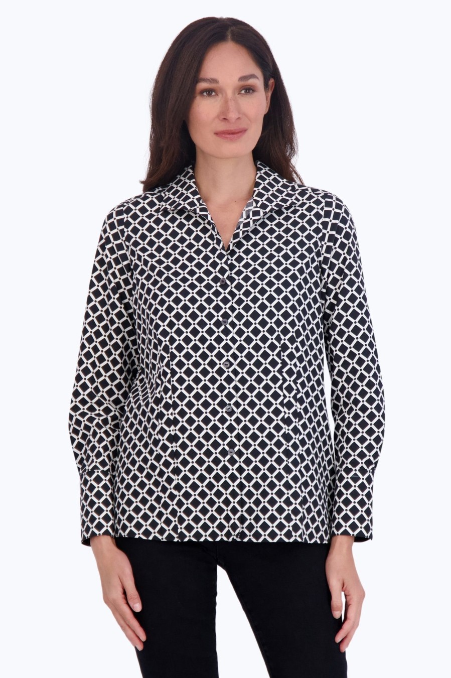 Women Foxcroft Tops | Katie No Iron Diamond Grid Shirt Black White Diamond Grid