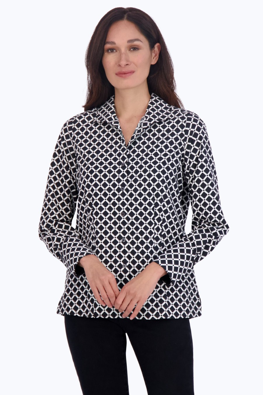 Women Foxcroft Tops | Katie No Iron Diamond Grid Shirt Black White Diamond Grid