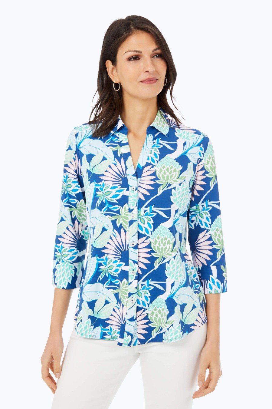 Women Foxcroft Tops | Mary Oasis Floral Jersey Shirt Blue Breeze Oasis Floral