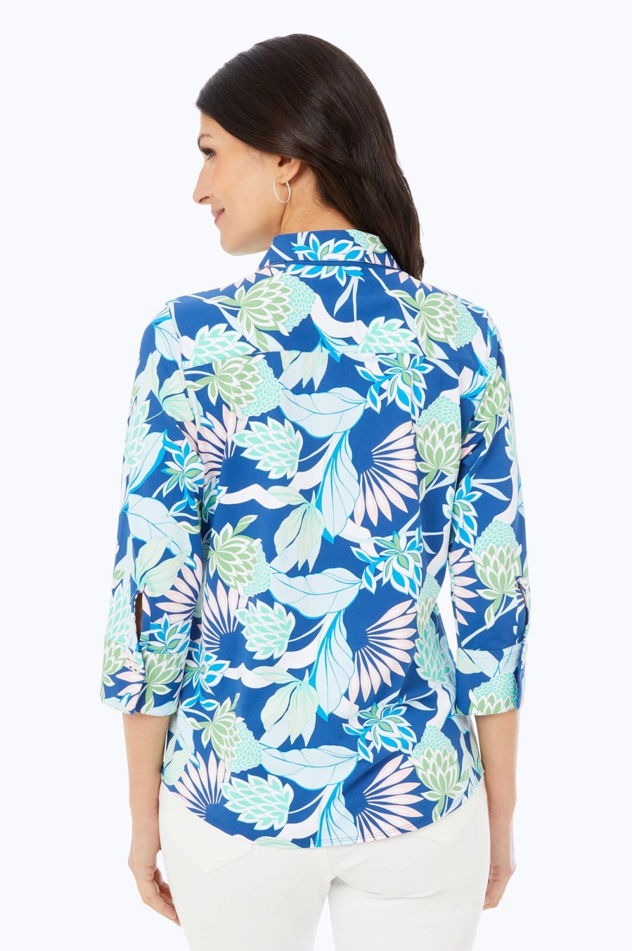 Women Foxcroft Tops | Mary Oasis Floral Jersey Shirt Blue Breeze Oasis Floral