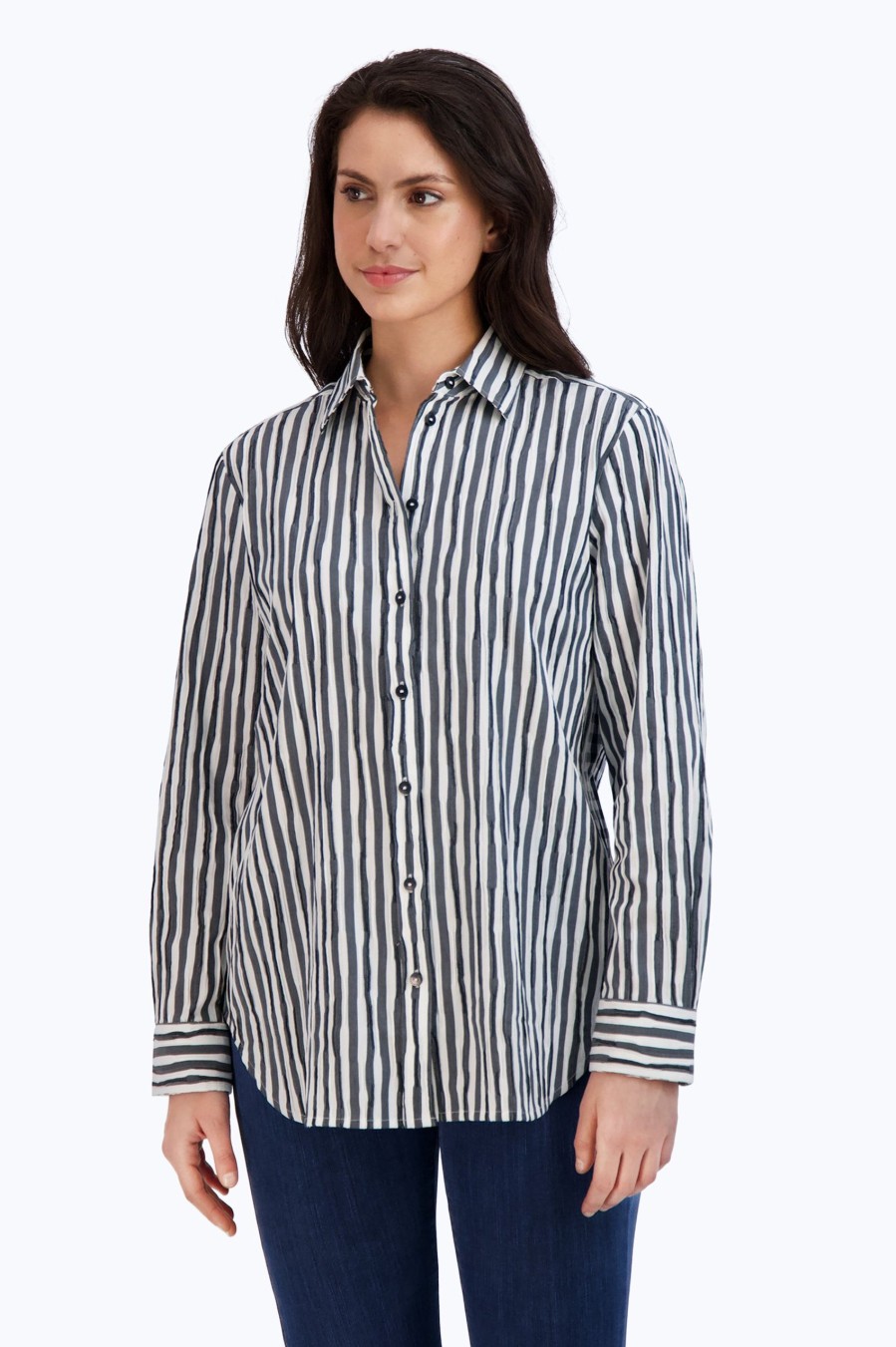 Women Foxcroft Tops | Boyfriend Crinkle Stripe Combo Tunic