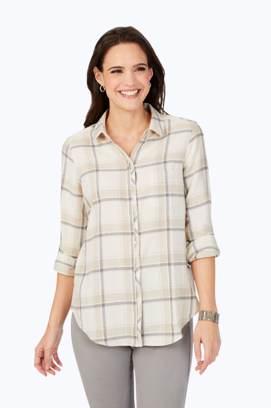 Women Foxcroft Tops | Charlie Frost Plaid Shirt Ivory Multi Frost Plaid