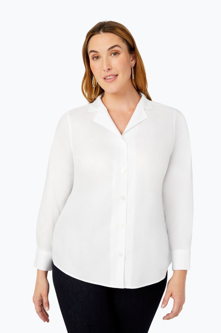 Women Foxcroft Tops | Monica Plus Convertible Collar Pinpoint Non-Iron Shirt