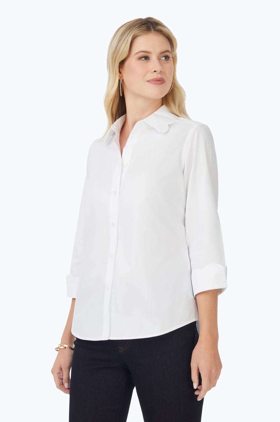 Women Foxcroft Tops | Gwen Pinpoint Non-Iron Scallop Shirt