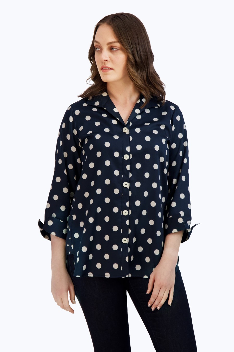 Women Foxcroft Tops | Pandora Non-Iron Coin Dot Tunic Black Coin Dot