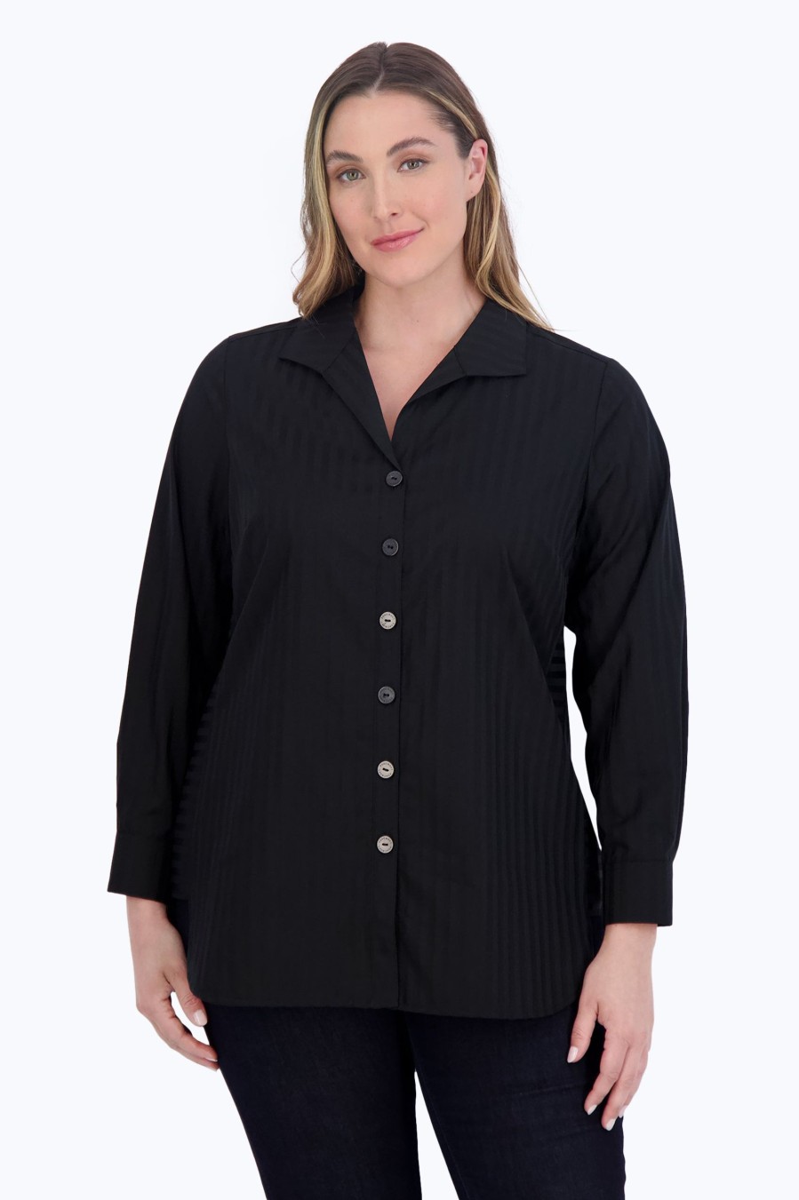 Women Foxcroft Tops | Pandora Plus No Iron Dobby Stripe Tunic