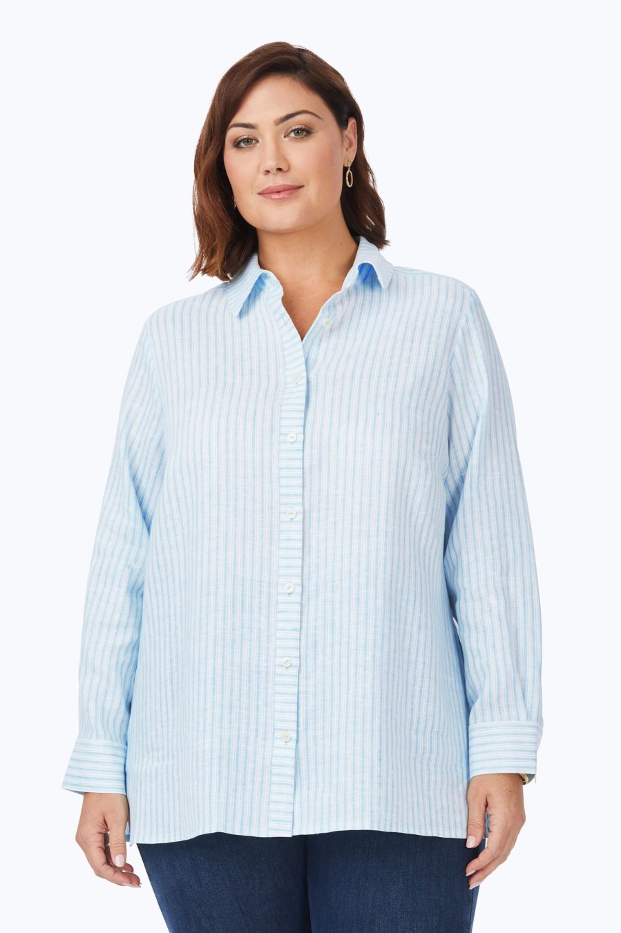 Women Foxcroft Tops | Jordan Plus Easy Care Summer Stripe Linen Shirt