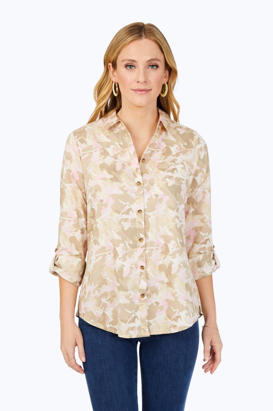 Women Foxcroft Tops | Zoey Non-Iron Cozy Camo Shirt Ivory Multi Cozy Camo