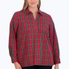 Women Foxcroft Tops | Sophia Plus No Iron Lurex Tartan Popover Lurex Red/Green Tartan Plaid