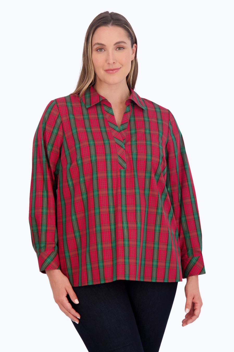 Women Foxcroft Tops | Sophia Plus No Iron Lurex Tartan Popover Lurex Red/Green Tartan Plaid