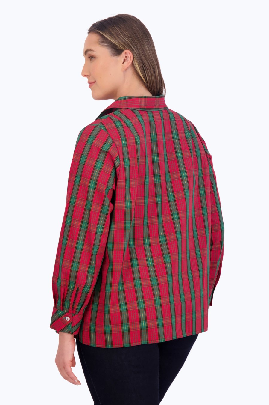 Women Foxcroft Tops | Sophia Plus No Iron Lurex Tartan Popover Lurex Red/Green Tartan Plaid