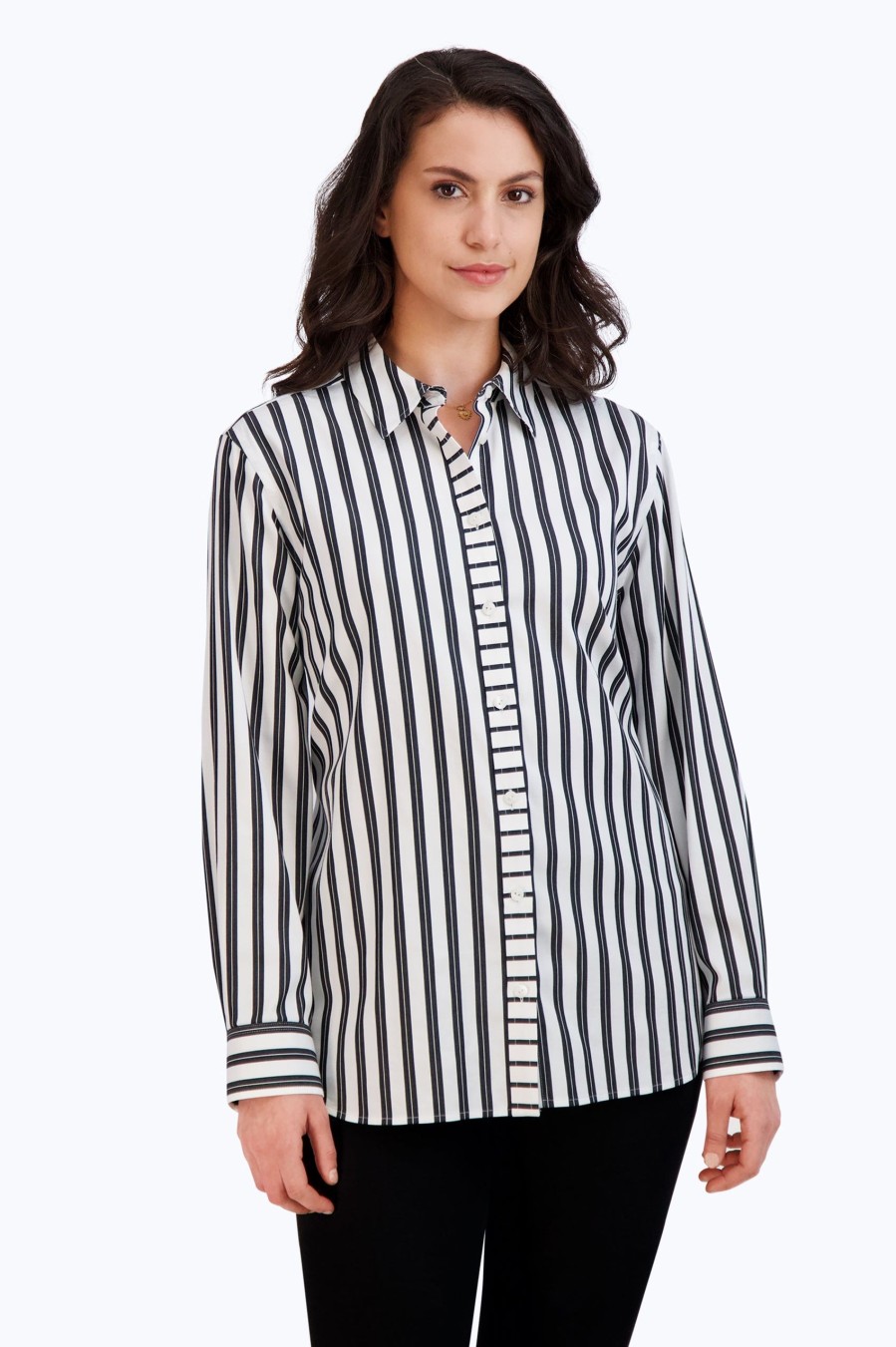 Women Foxcroft Tops | Boyfriend Non-Iron Railroad Stripe Shirt Black Railroad Stripe