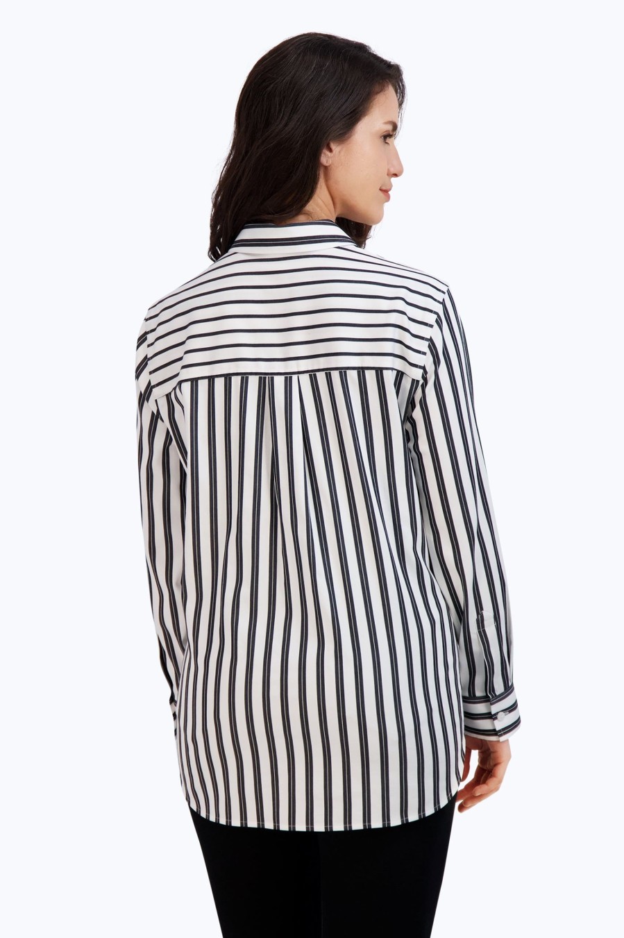 Women Foxcroft Tops | Boyfriend Non-Iron Railroad Stripe Shirt Black Railroad Stripe