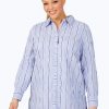 Women Foxcroft Tops | Plus Serene Stripe Crinkle Tunic Blue Denim Serene Stripe