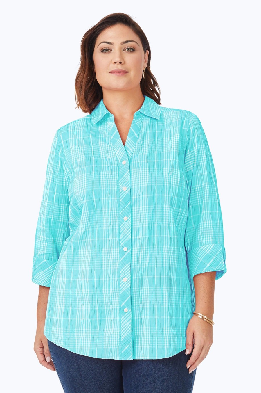 Women Foxcroft Tops | Faith Plus Beach Plaid Crinkle Tunic