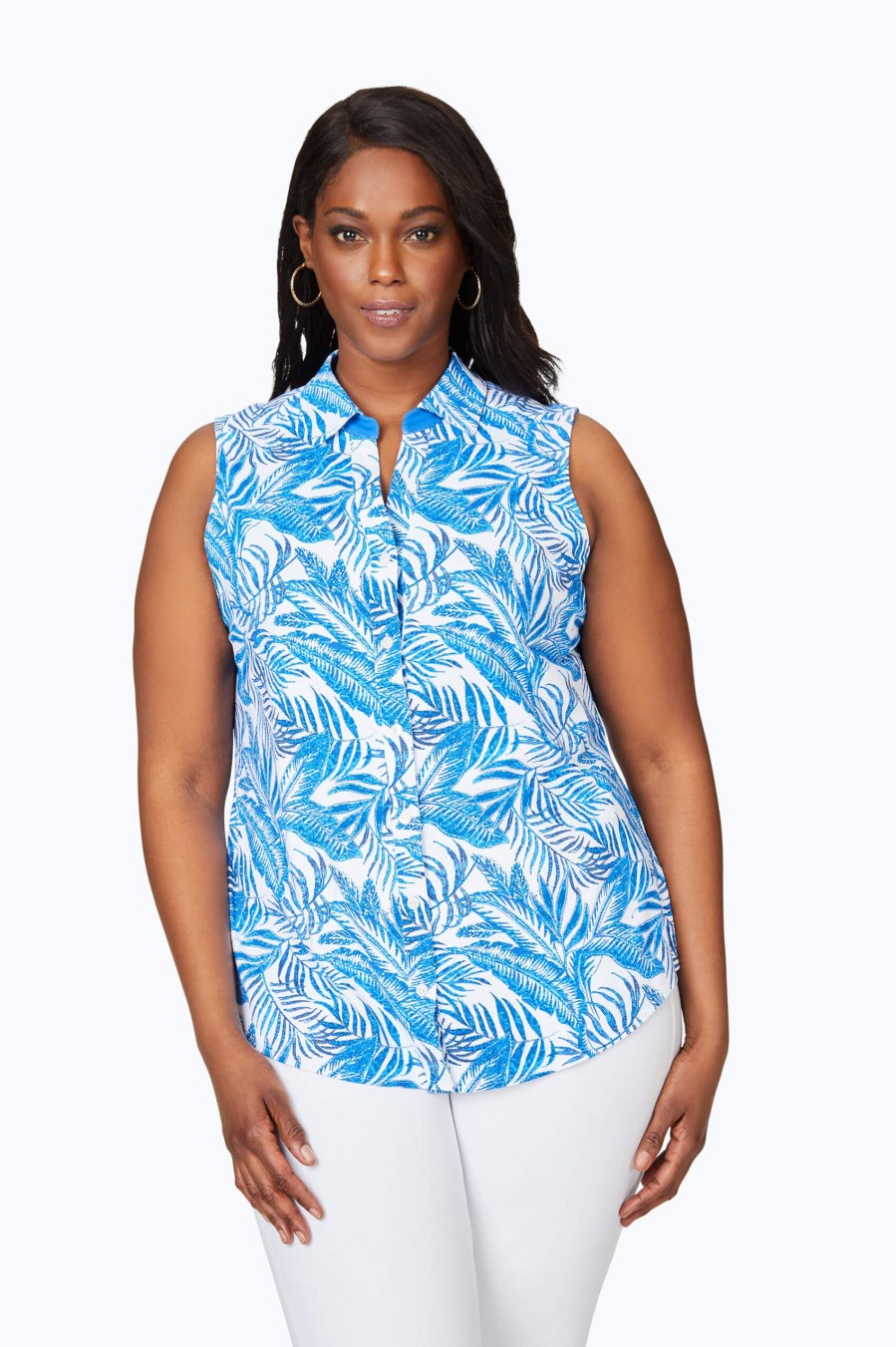 Women Foxcroft Tops | Mary Plus Tropics Jersey Sleeveless Shirt Blue Grotto Tropics