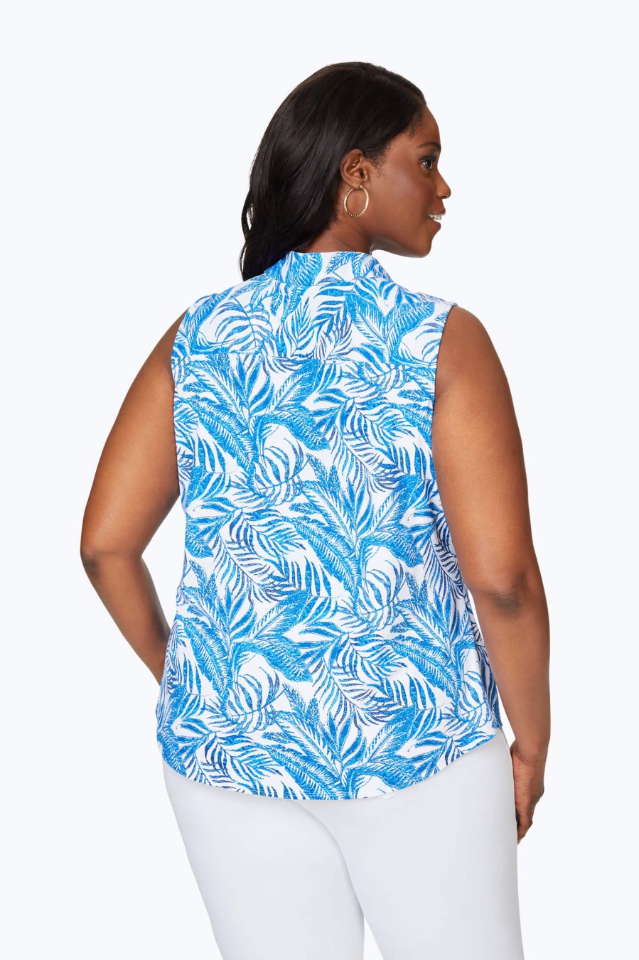 Women Foxcroft Tops | Mary Plus Tropics Jersey Sleeveless Shirt Blue Grotto Tropics