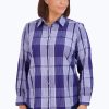 Women Foxcroft Tops | Zoey Plus Denim Plaid Crinkle Shirt Blue Denim Plaid