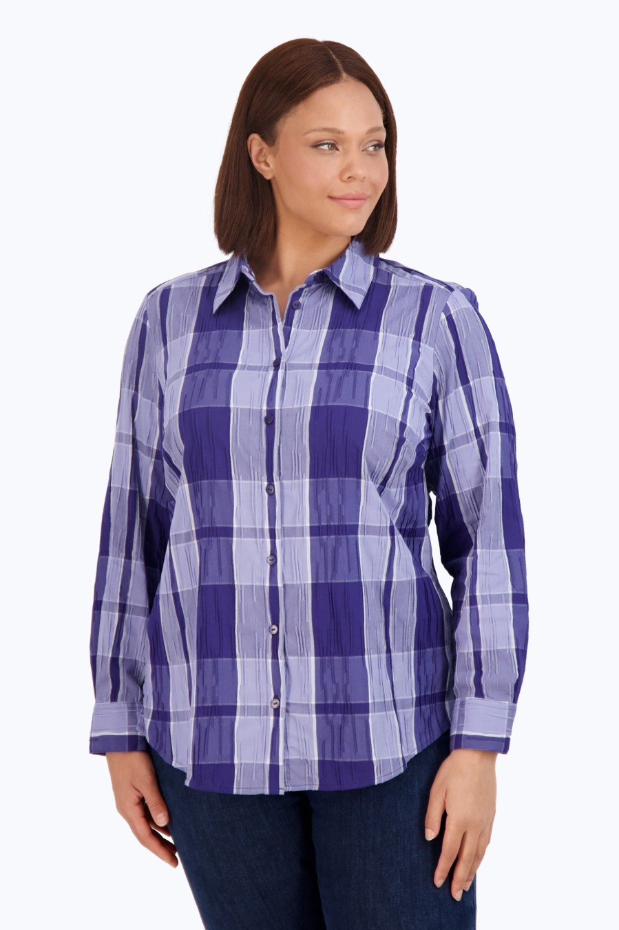 Women Foxcroft Tops | Zoey Plus Denim Plaid Crinkle Shirt Blue Denim Plaid