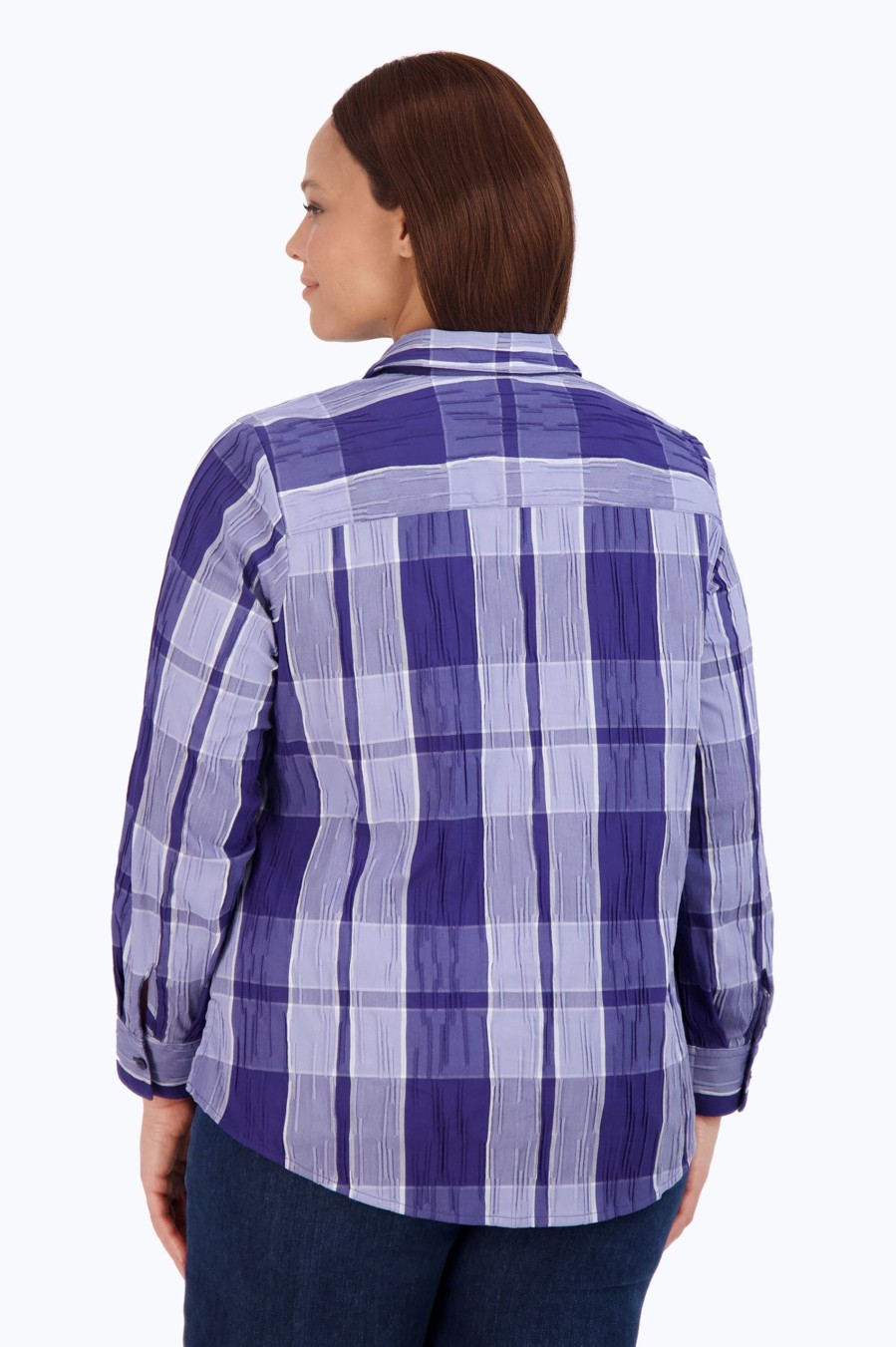 Women Foxcroft Tops | Zoey Plus Denim Plaid Crinkle Shirt Blue Denim Plaid