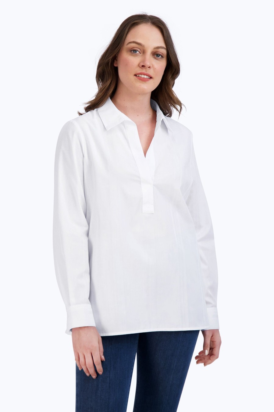 Women Foxcroft Tops | Sophia No Iron Texture Stripe Popover White Texture Stripe