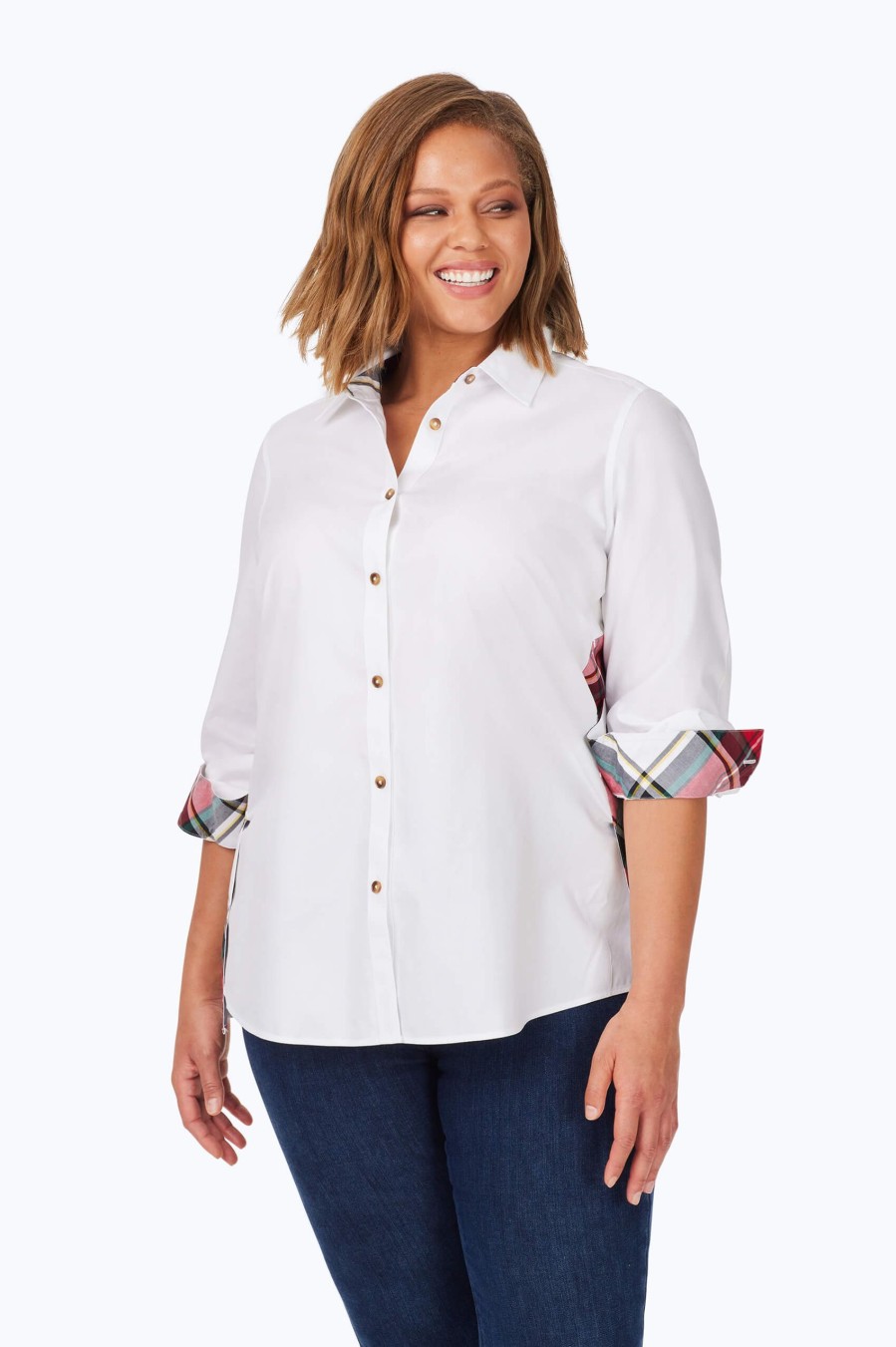 Women Foxcroft Tops | Plus Tartan Detail Pinpoint Non-Iron Shirt