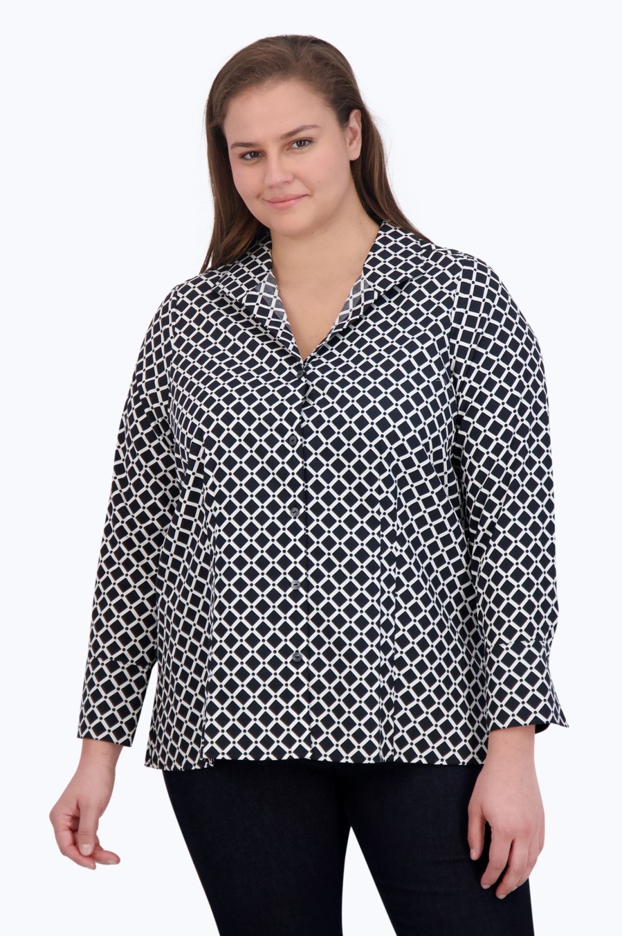 Women Foxcroft Tops | Katie Plus No Iron Diamond Grid Shirt Black White Diamond Grid