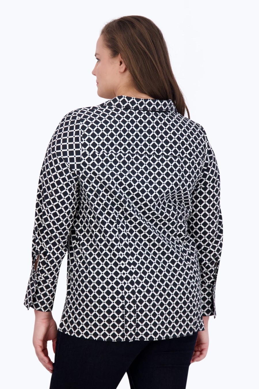 Women Foxcroft Tops | Katie Plus No Iron Diamond Grid Shirt Black White Diamond Grid