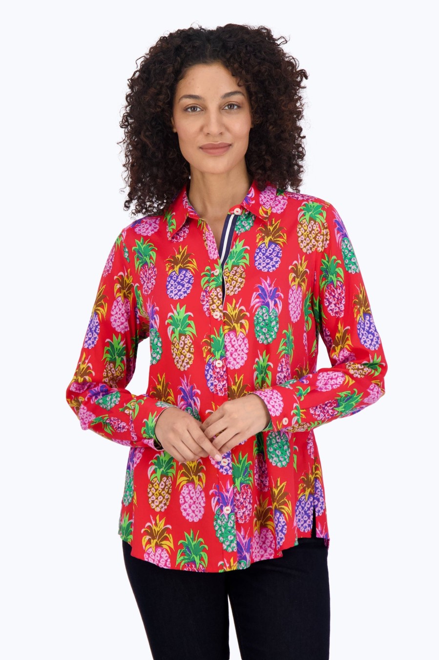 Women Foxcroft Tops | Zoey No Iron Pineapple Shirt Red Multi Pineapple