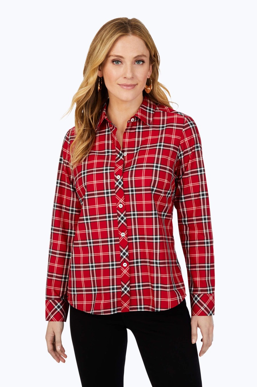 Women Foxcroft Tops | Ava Non-Iron Holiday Plaid Shirt Red Multi Holiday Tartan