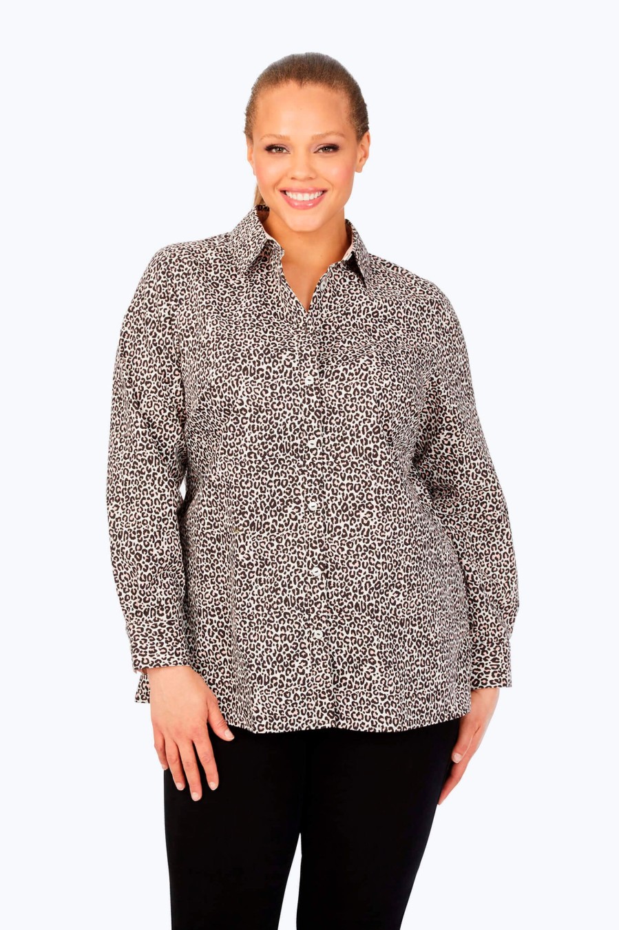 Women Foxcroft Tops | Plus Luxe Leopard Non-Iron Tunic Dark Chocolate Luxe Leopard