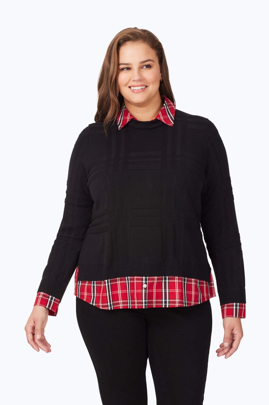 Women Foxcroft Sweaters | Plus Layered Combo Tartan Sweater