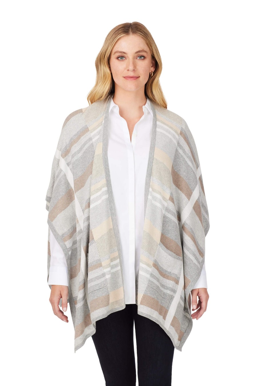 Women Foxcroft Sweaters | Multi Plaid Ruana Ivory Multi Plaid Knit