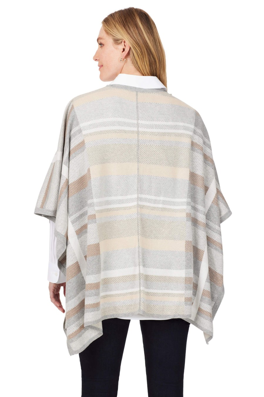 Women Foxcroft Sweaters | Multi Plaid Ruana Ivory Multi Plaid Knit