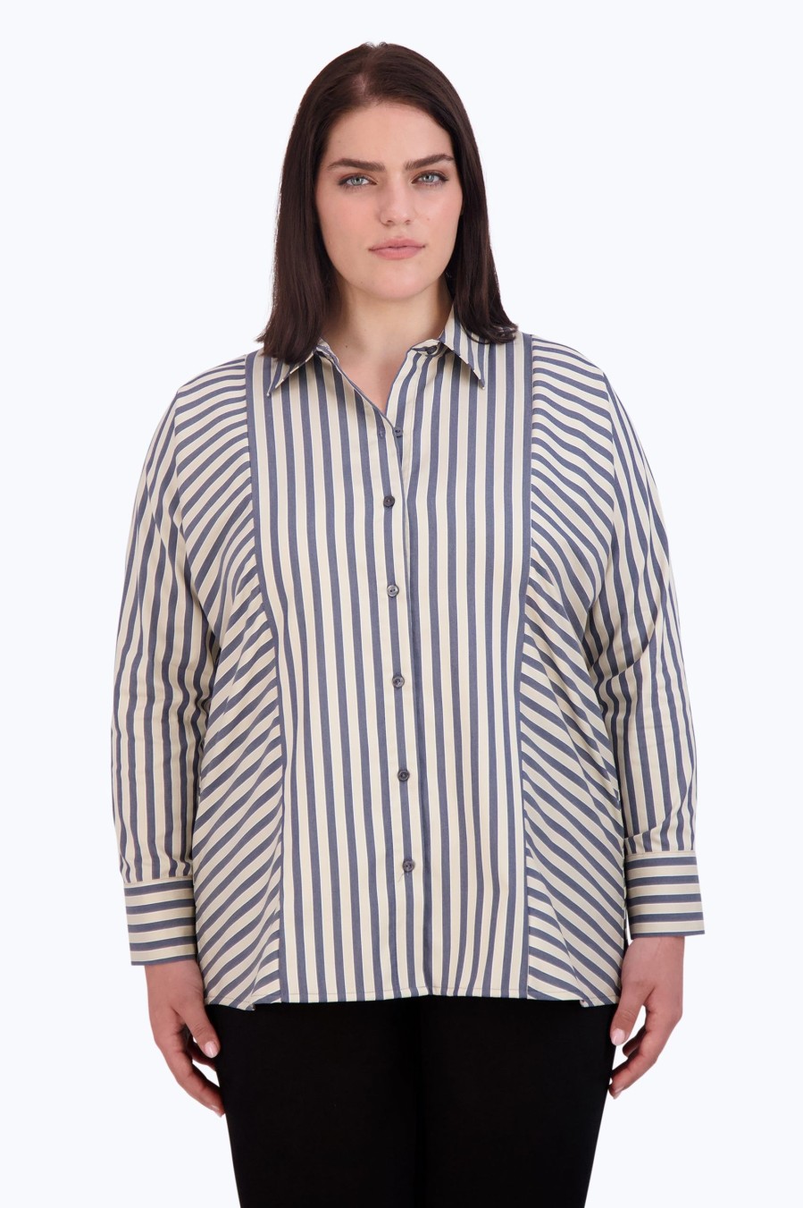 Women Foxcroft Tops | Jackie Plus Non-Iron Navy Stripe Shirt Navy/Neutral Stripe