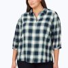 Women Foxcroft Tops | Plus Brushed Pleated Sleeve Plaid Shirt Navy Multi Brushed Plaid