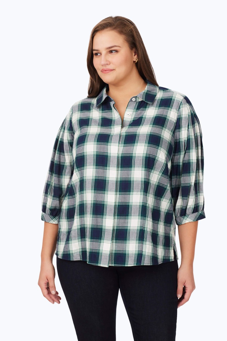 Women Foxcroft Tops | Plus Brushed Pleated Sleeve Plaid Shirt Navy Multi Brushed Plaid