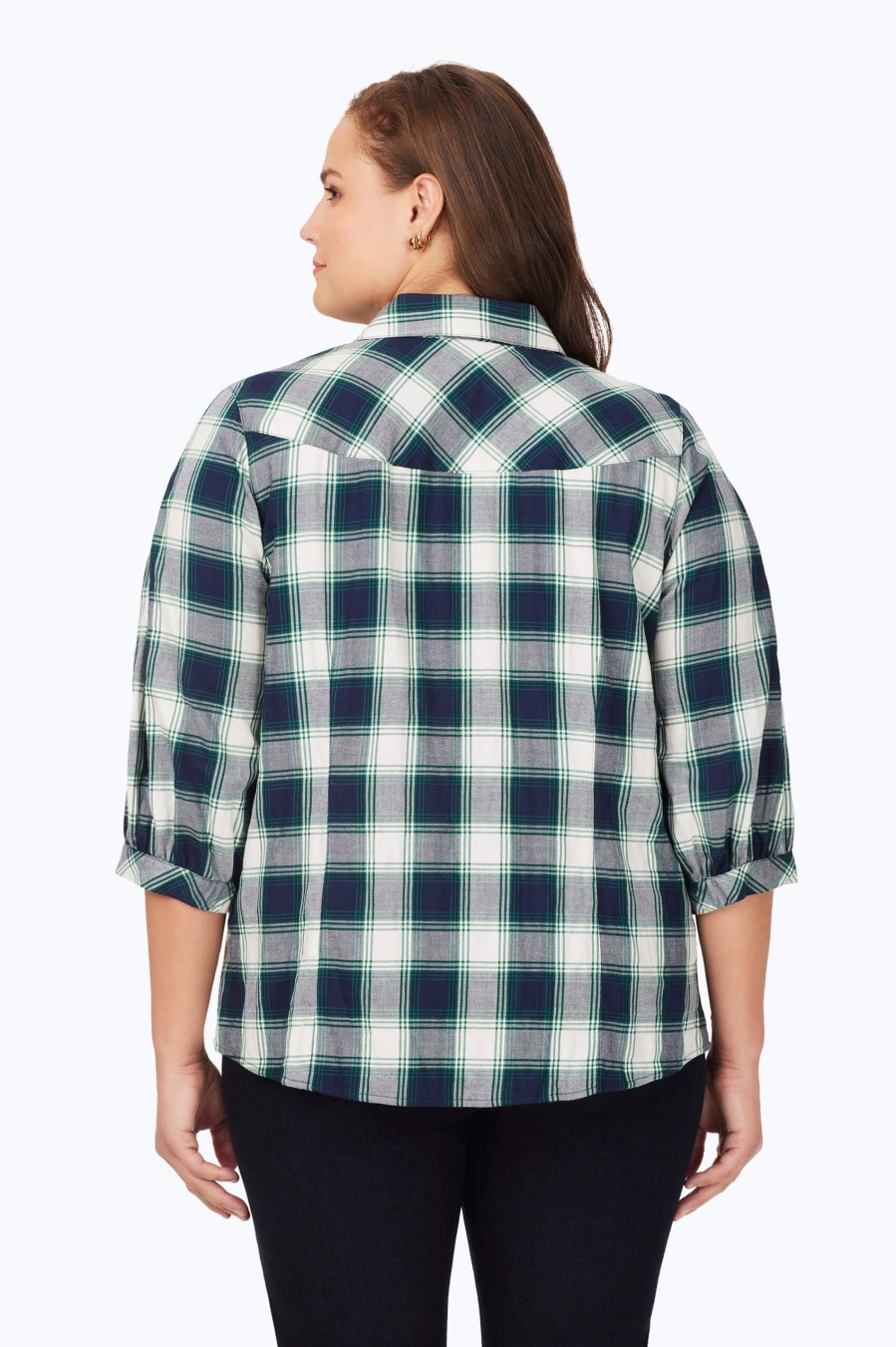 Women Foxcroft Tops | Plus Brushed Pleated Sleeve Plaid Shirt Navy Multi Brushed Plaid