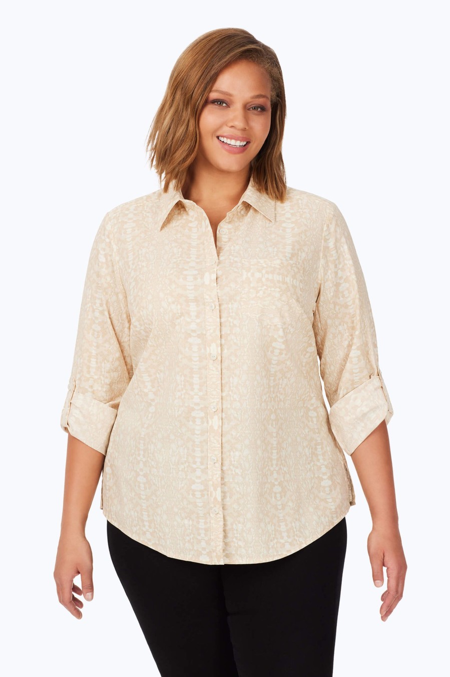 Women Foxcroft Tops | Zoey Plus Non-Iron Soft Python Shirt Ivory Multi Soft Python