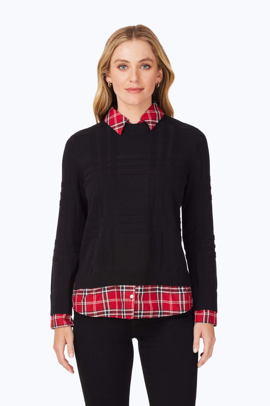 Women Foxcroft Sweaters | Layered Combo Tartan Sweater