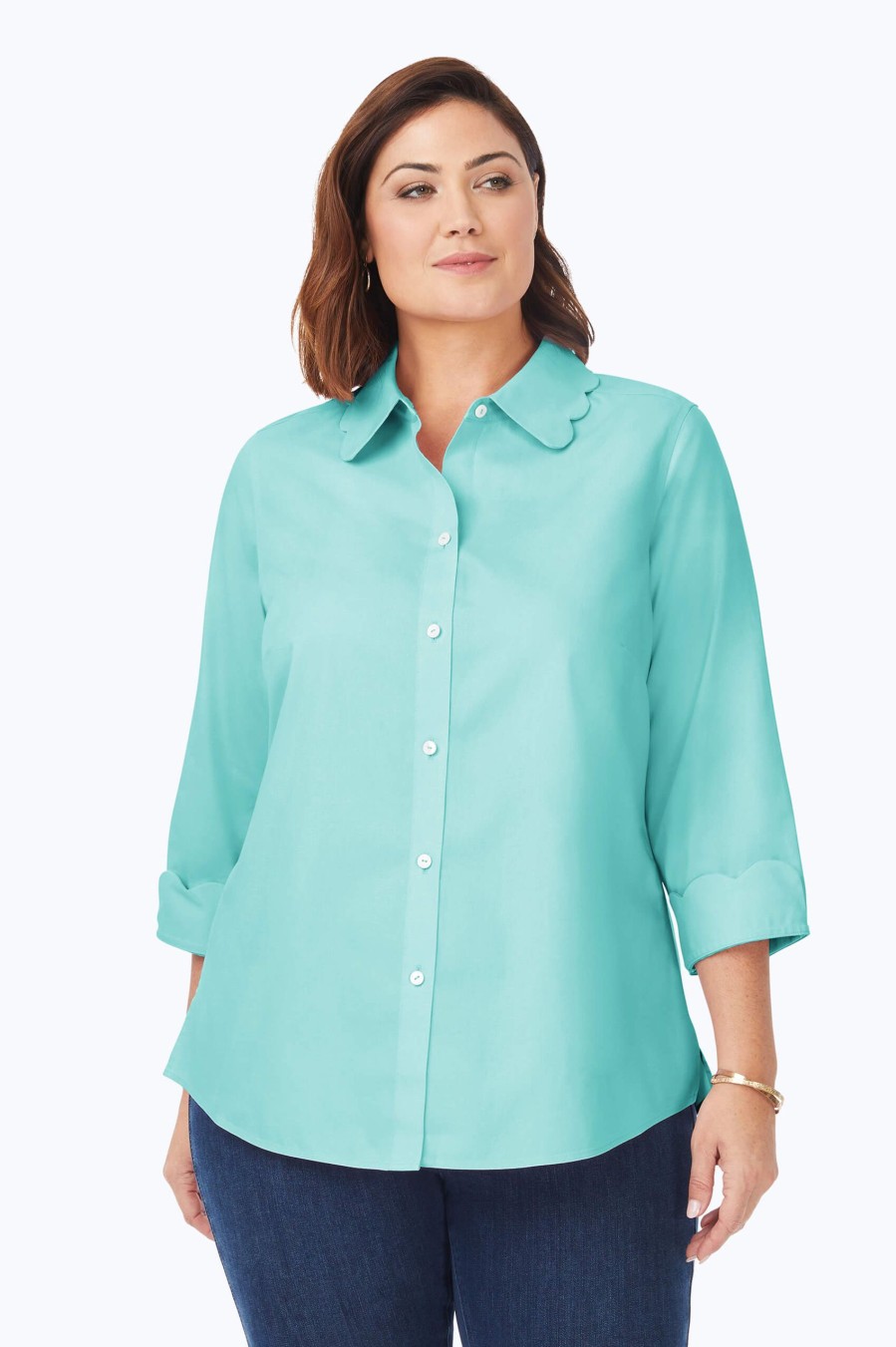 Women Foxcroft Tops | Gwen Plus Pinpoint Non-Iron Scallop Shirt