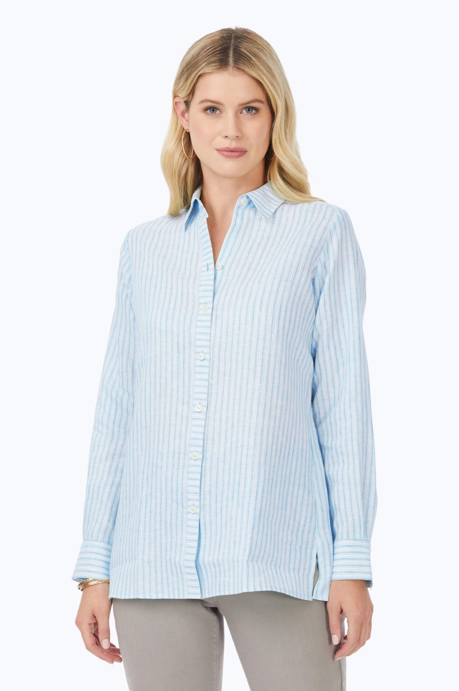 Women Foxcroft Tops | Jordan Easy Care Summer Stripe Linen Shirt