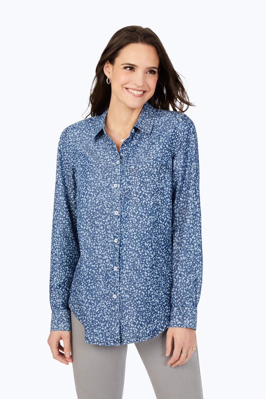 Women Foxcroft Tops | Haven Leopard Tencel Shirt Navy Leopard Tencel