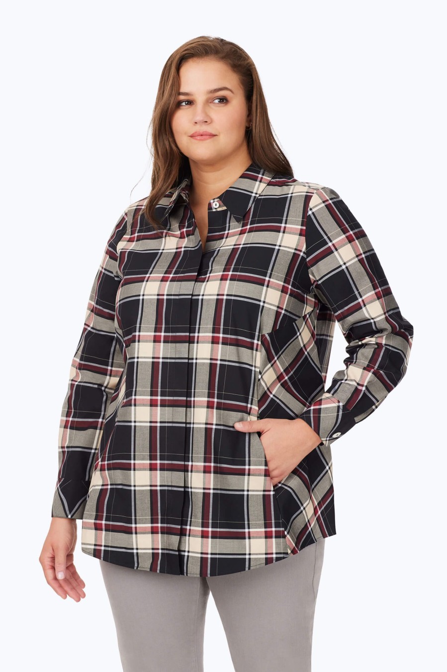 Women Foxcroft Tops | Cici Plus Non-Iron Toasted Tartan Tunic Black Toasted Tartan