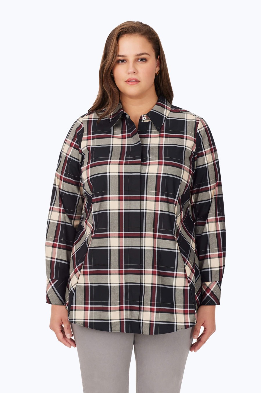 Women Foxcroft Tops | Cici Plus Non-Iron Toasted Tartan Tunic Black Toasted Tartan