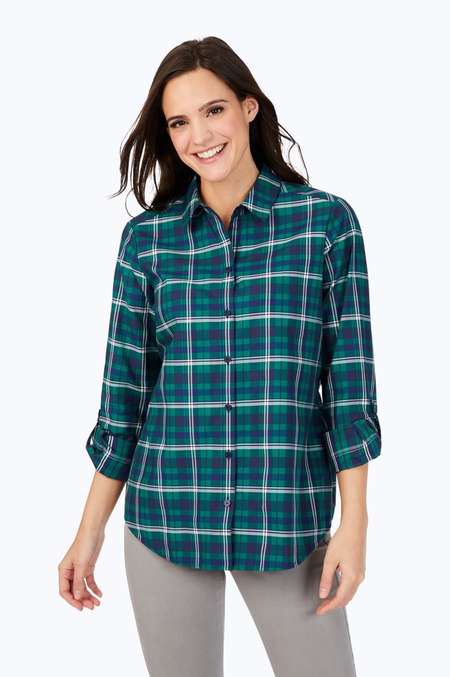 Women Foxcroft Tops | Zoey Non-Iron Blackwatch Plaid Shirt Navy Multi Blackwatch Plaid