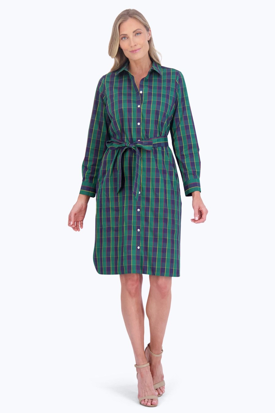 Women Foxcroft Dresses | Rocca No Iron Tartan Plaid Dress Navy/Green/Yellow Tartan