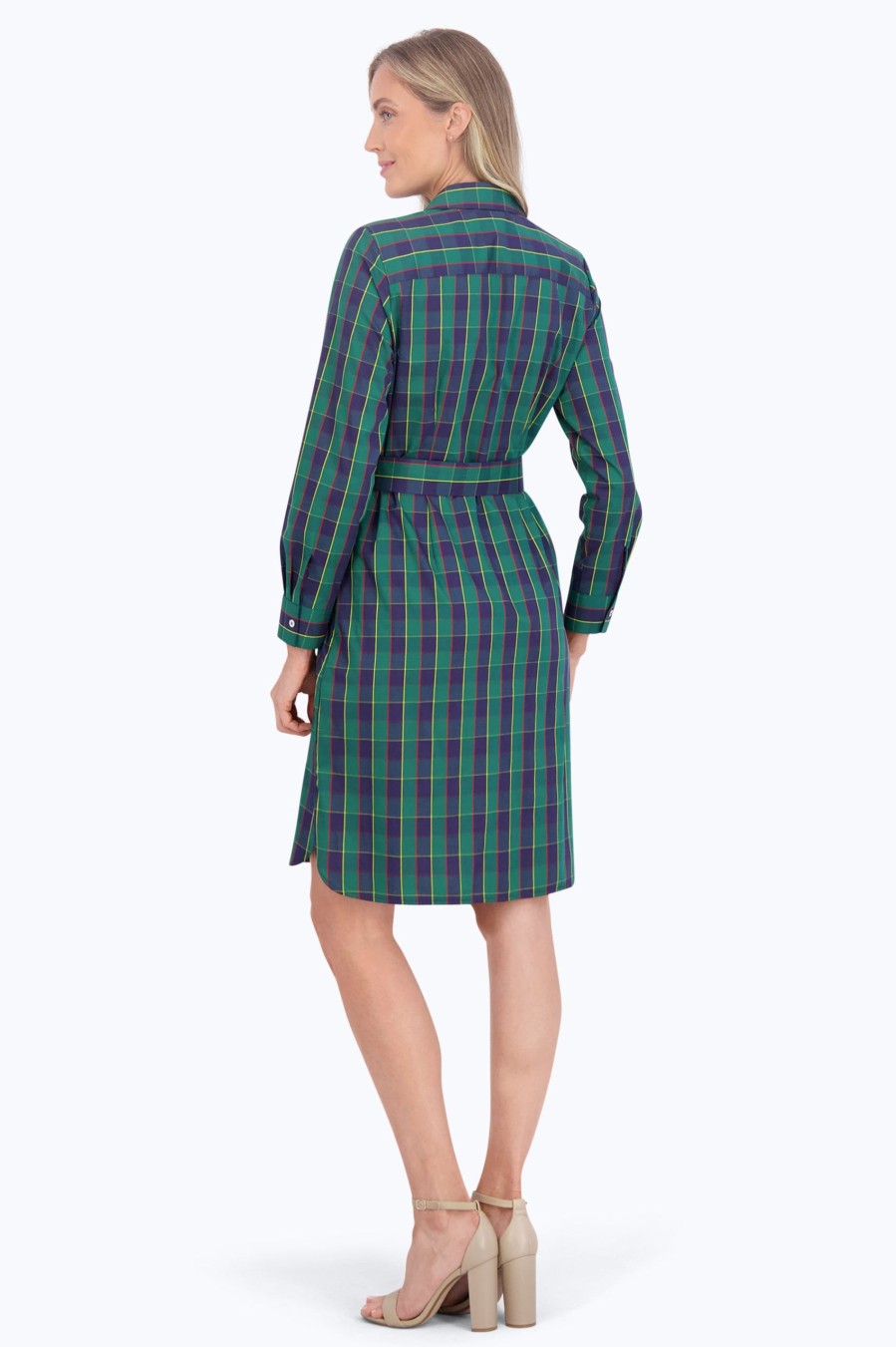 Women Foxcroft Dresses | Rocca No Iron Tartan Plaid Dress Navy/Green/Yellow Tartan