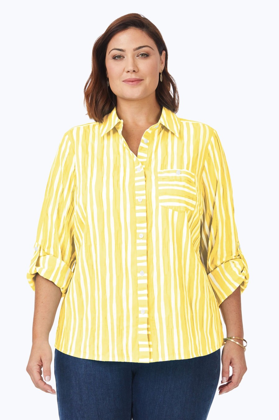 Women Foxcroft Tops | Hampton Plus Beach Stripe Crinkle Shirt